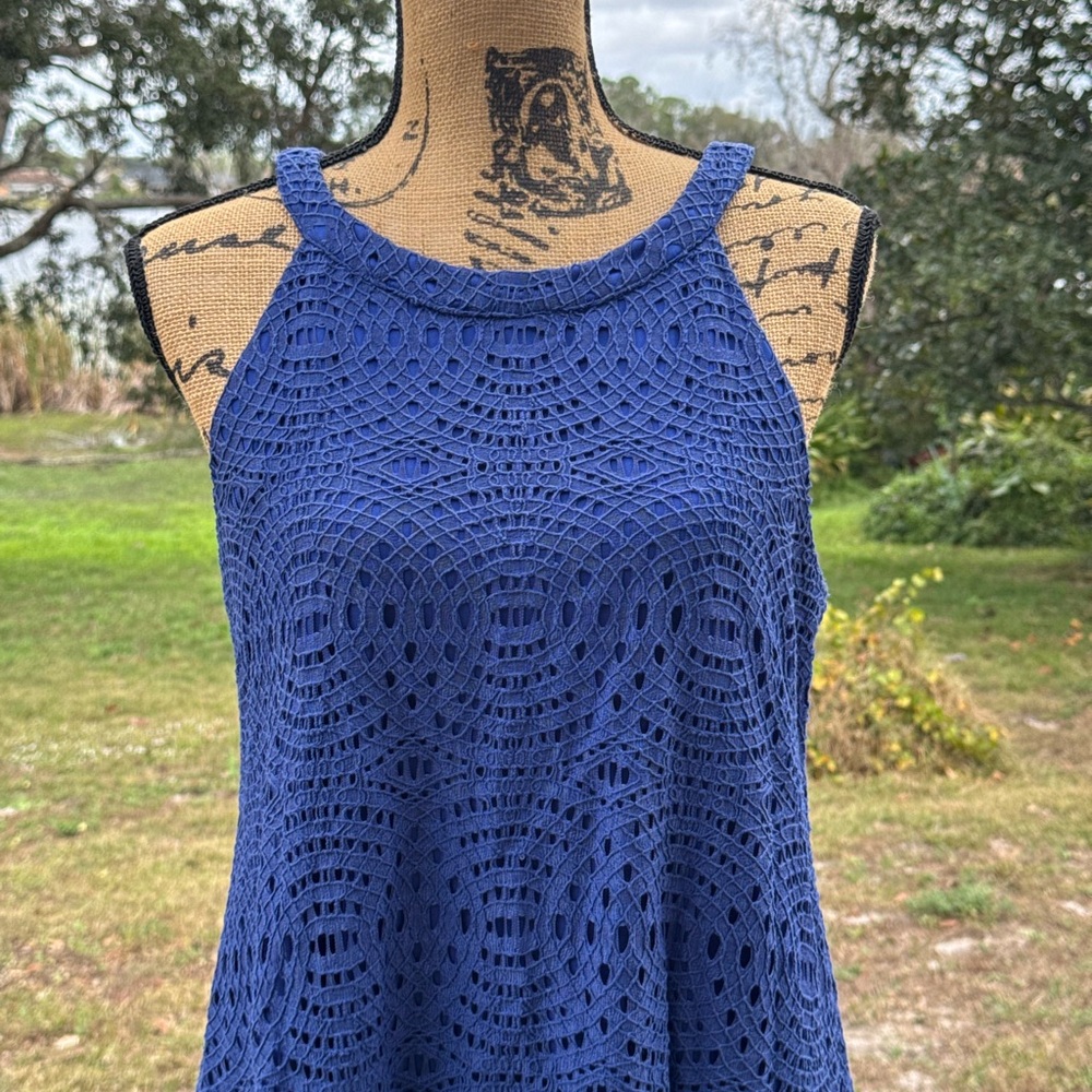 Eliza J Crochet Halter Sleeveless Cocktail Dress Royal Blue Size 8 - Picture 2 of 9